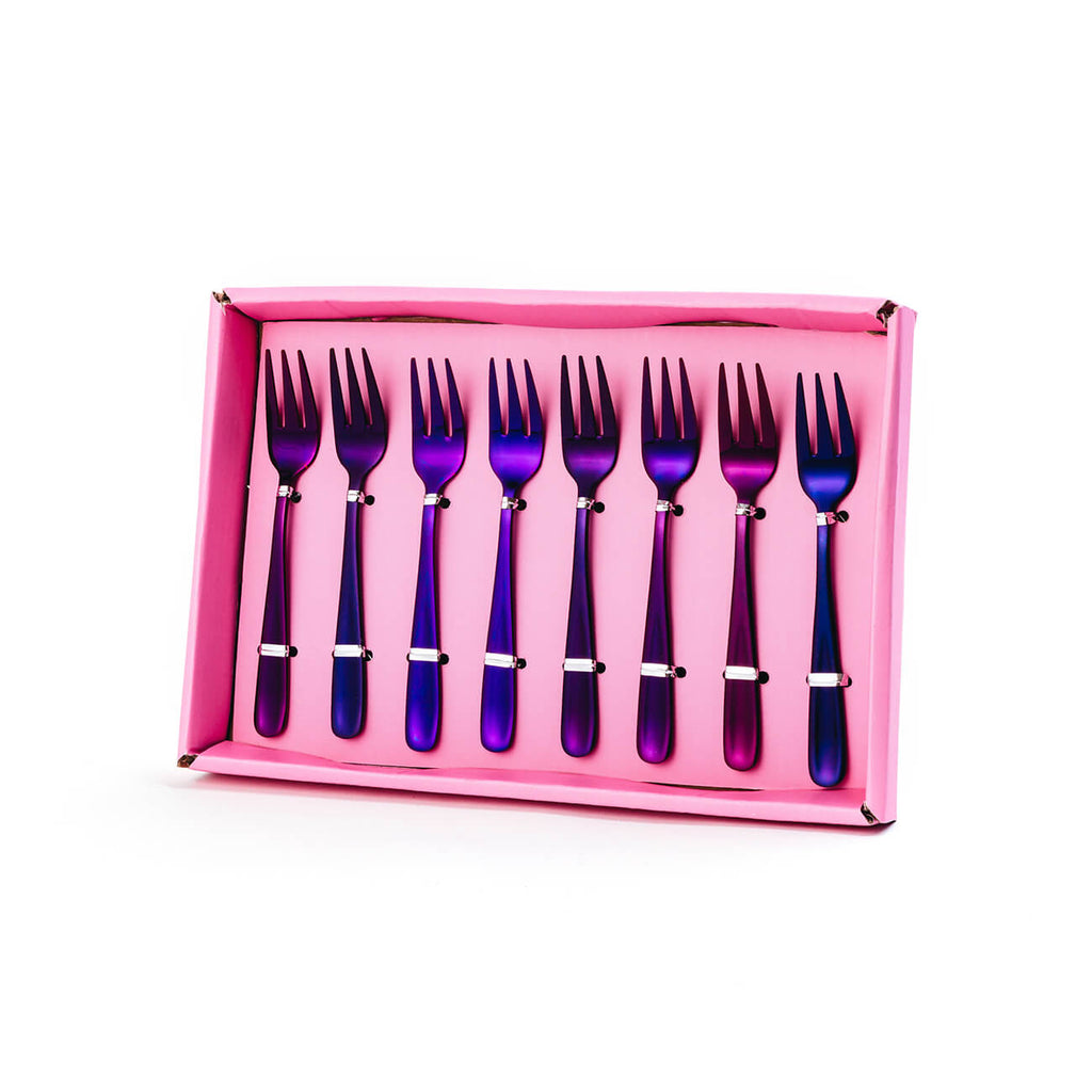 Set of 8 Metallic/Fluro Purple/Pink Cake Forks - Statement Tableware, Perth WA