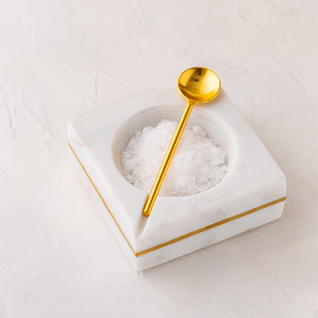 White marble salt cellar with gold inlay & gold spoon | Luxury tableware and serveware Perth WA