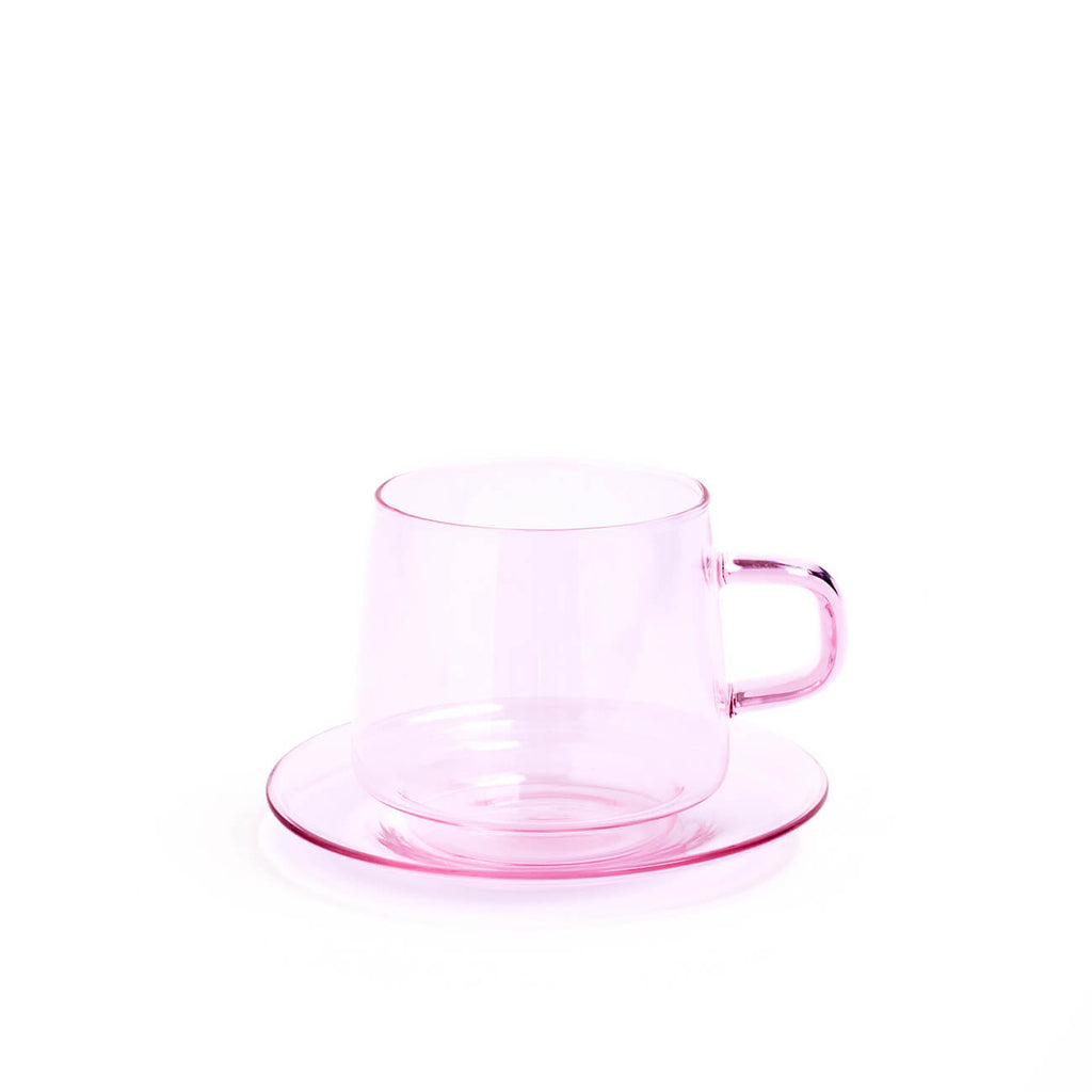 PInk Glass Teacup and Saucer, with glass spoon | Statement tableware, Perth WA