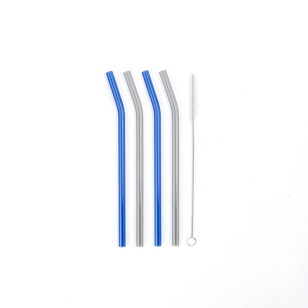 Set of 4 Blue/Grey Bent Glass Straw Set with cleaning brush | Statement Drink Accessories - Perth WA