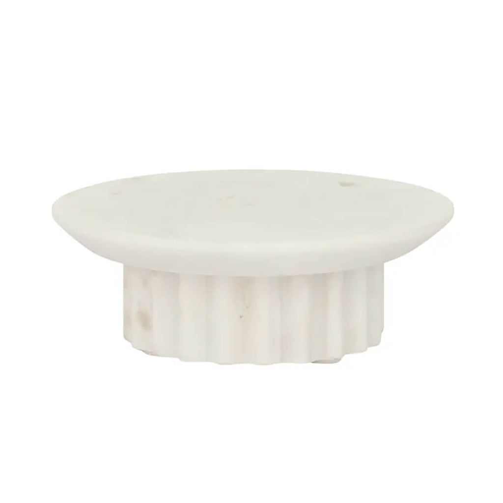 Encote Marble Candle Plate 16x5cm with nude/taupe veining and ribbed base- White - Side Serve Tableware Hire and Shop, Australia