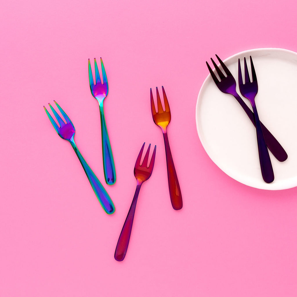 Set of 8 Blue/Pink, Orange/Pink, Purple/Pink Cake Forks on white plate - Statement Tableware, Perth WA