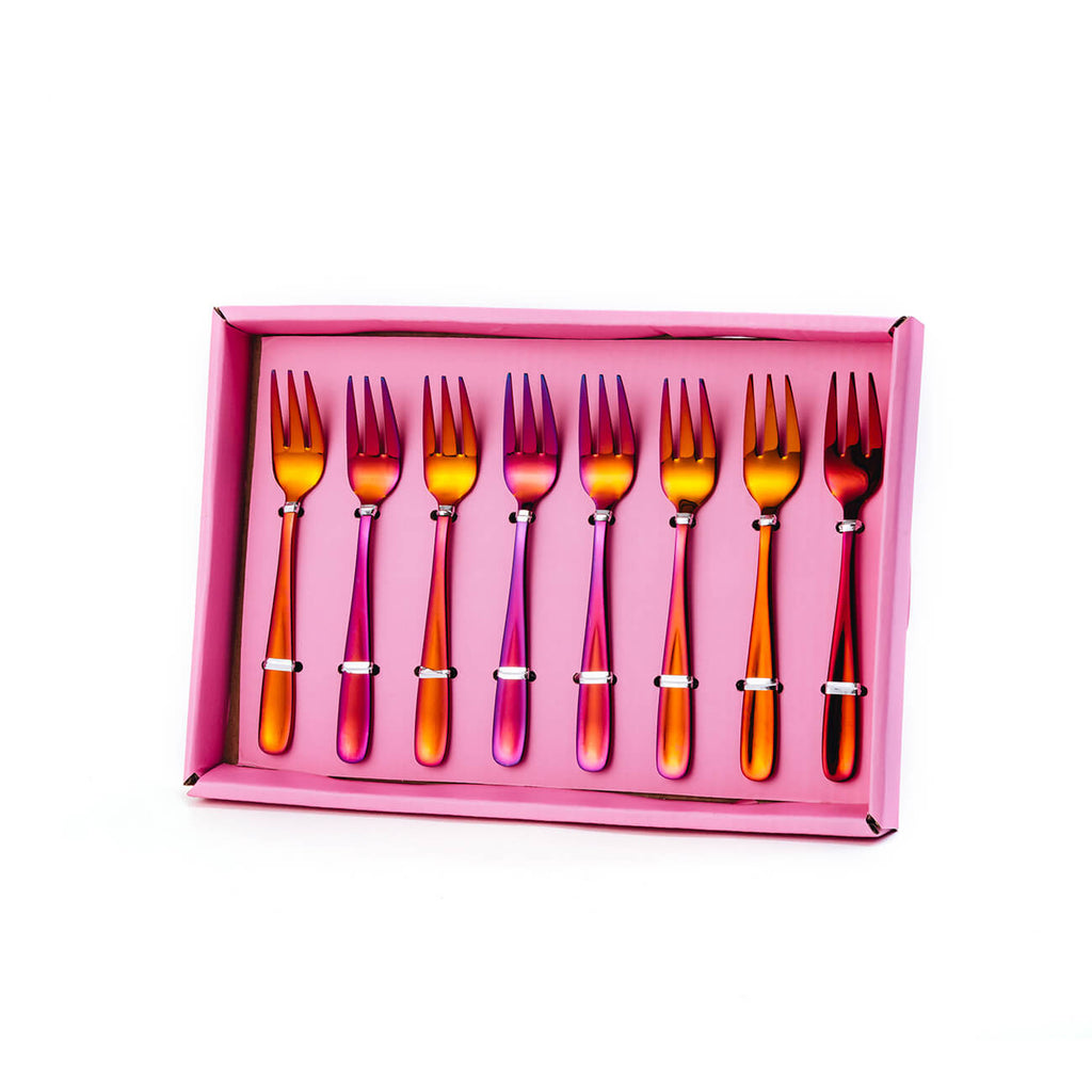 Set of 8 Metallic/Fluro Orange/Pink Cake Forks - Statement Tableware, Perth WA