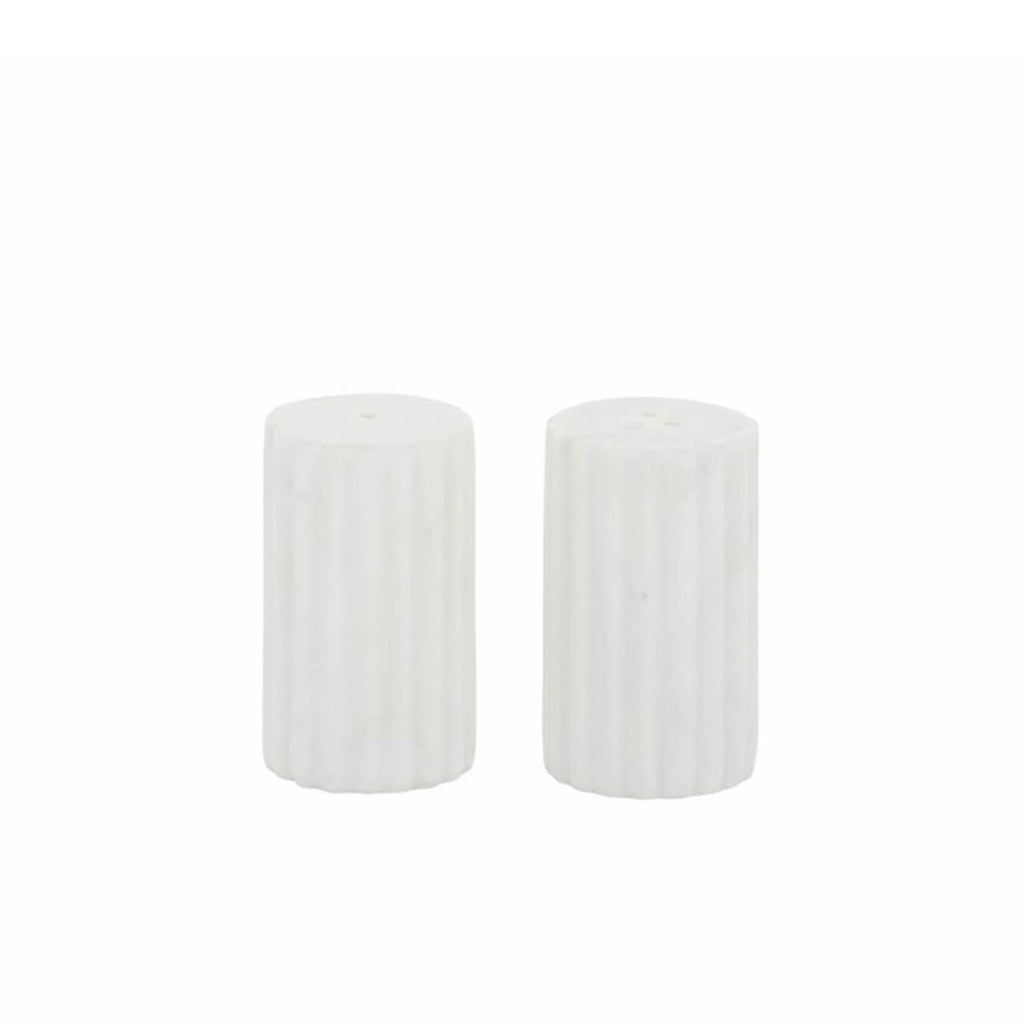 Set of 2 white marble salt & pepper shakers with ribbed detailing. Serveware & Utensils, Side Serve Tableware Hire & Shop, Perth WA