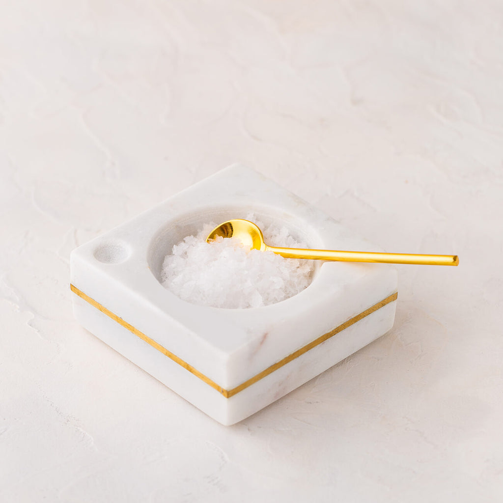 White marble salt cellar with gold inlay & gold spoon | Luxury tableware and serveware Perth WA