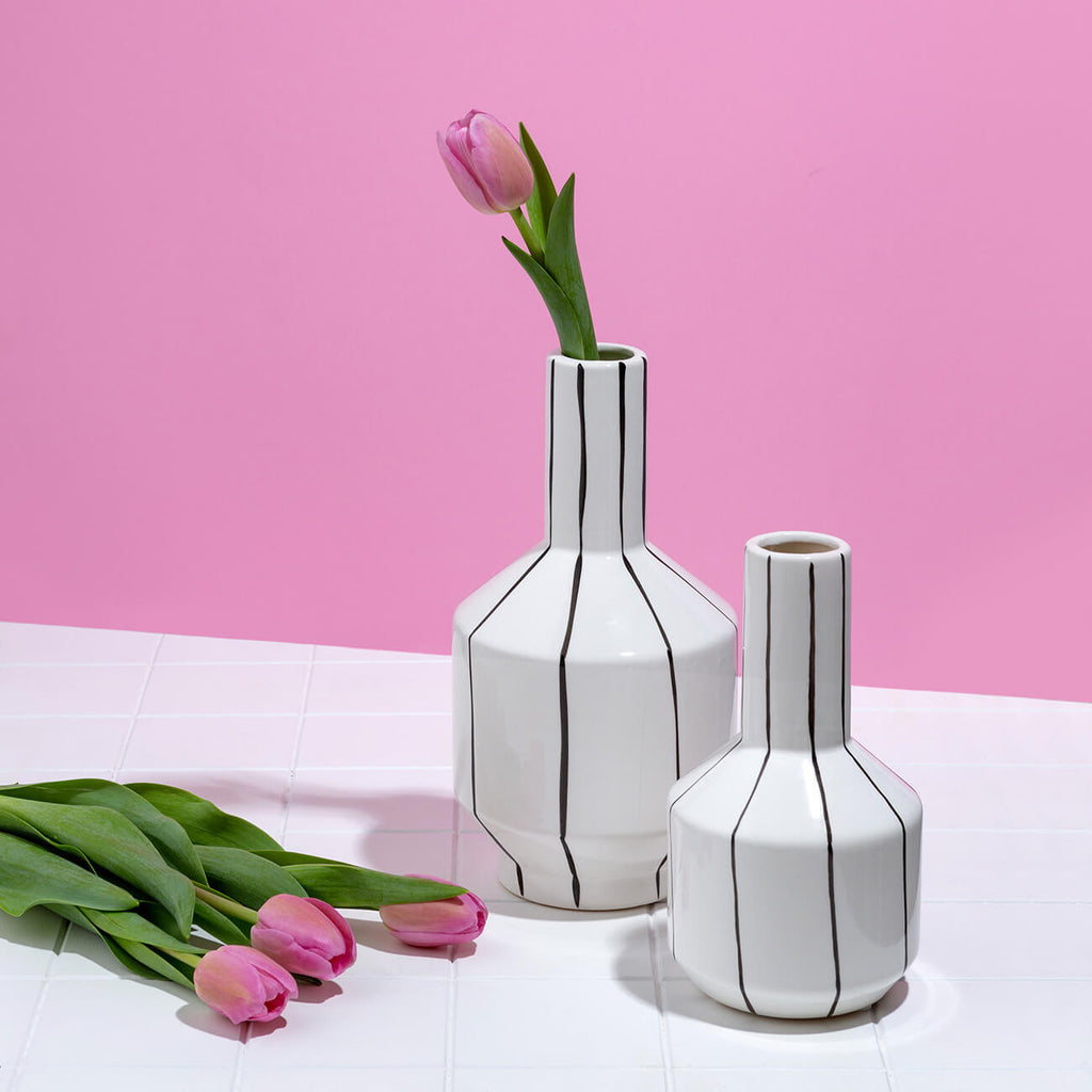 Mono Ceramic Vases - white with black stripes - Table Styling & Home Decor, Perth WA