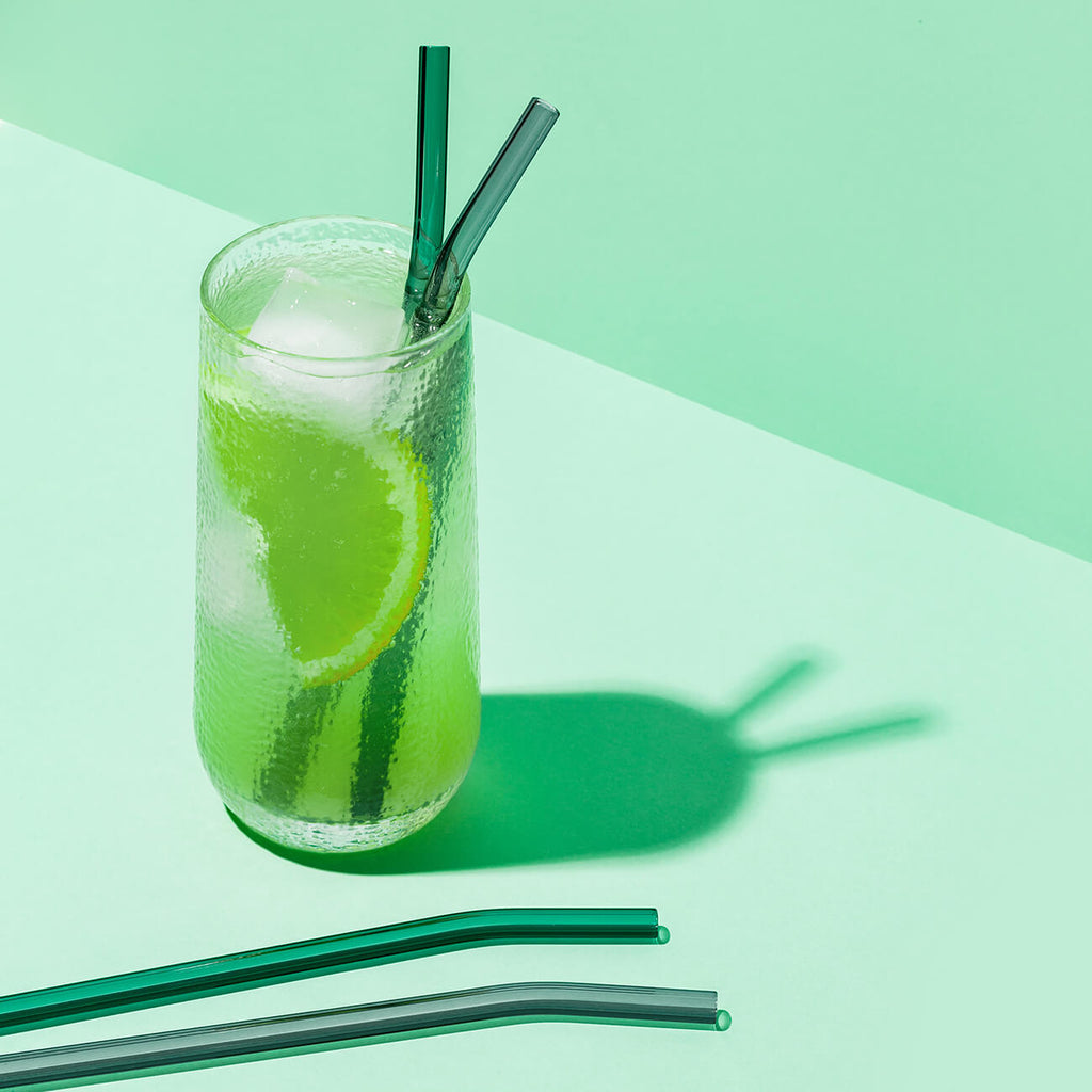 Reusable bent glass straw set of 4 - Green/Grey, Perth WA