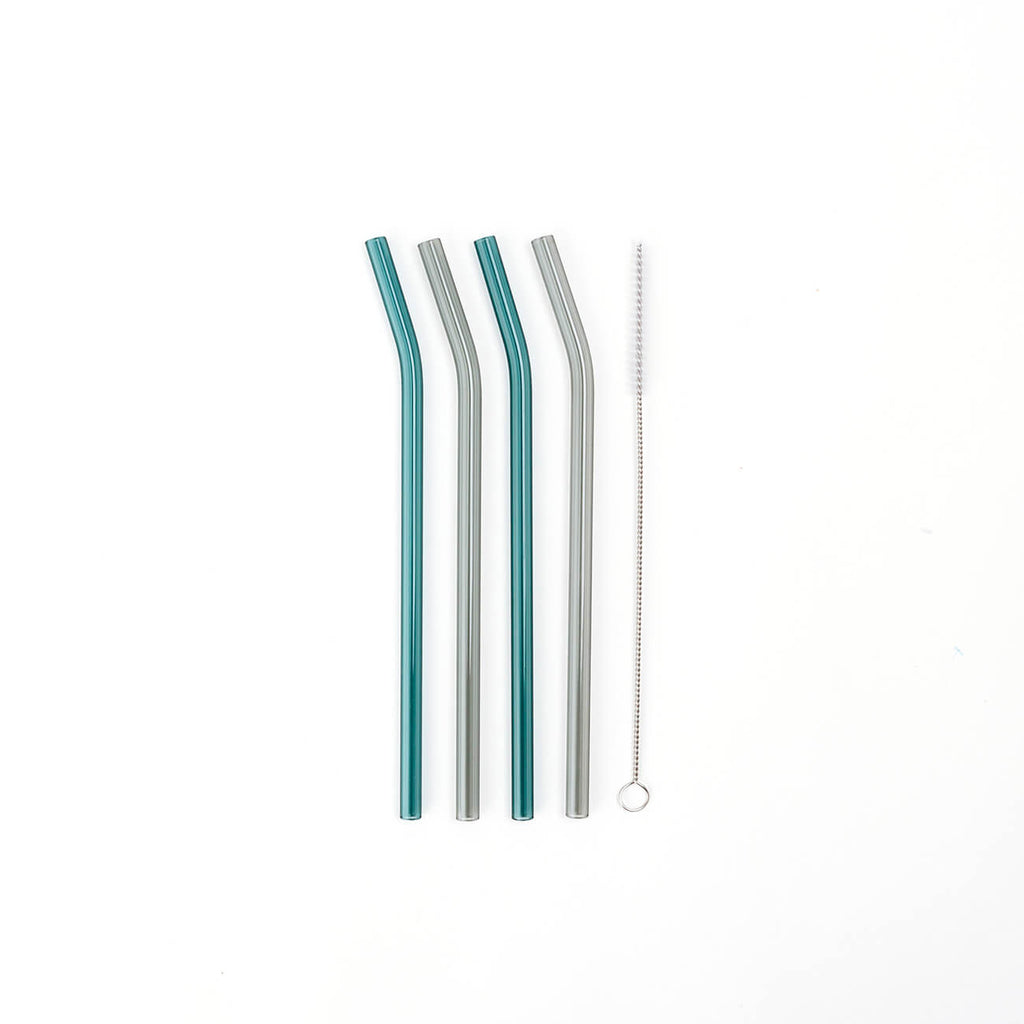 Reusable bent glass straw set of 4 - Green/Grey | Eco-friendly drinkware Perth WA
