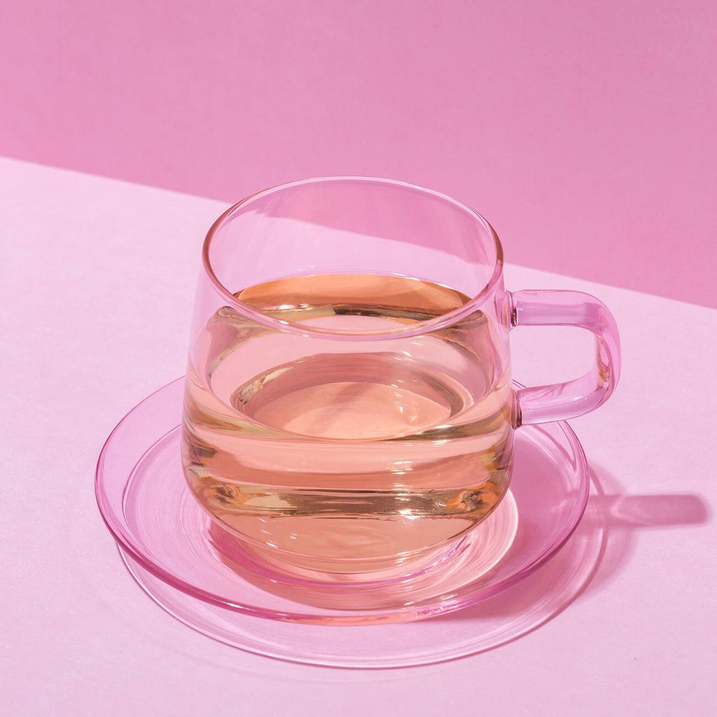 PInk Glass Teacup and Saucer, with glass spoon | Statement tableware, Perth WA